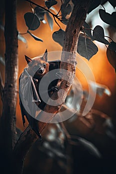 Beautiful fruit bat resting on a tree branch. Selective focus.
