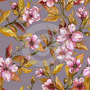 Beautiful fruit tree twigs in bloom on gray background. Pink flowers and yellow leaves. Spring blossom. Seamless floral pattern.