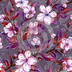 Beautiful fruit tree twigs in bloom. Spring background. Seamless floral pattern. Watercolor painting. Hand drawn illustration.