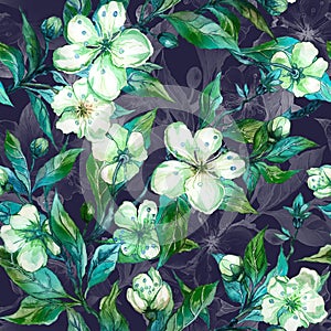 Beautiful fruit tree twigs in bloom. White and green flowers on dark gray background. Seamless spring floral pattern.