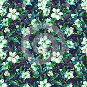 Beautiful fruit tree twigs in bloom. White and green flowers on gray background. Springtime. Seamless floral pattern.