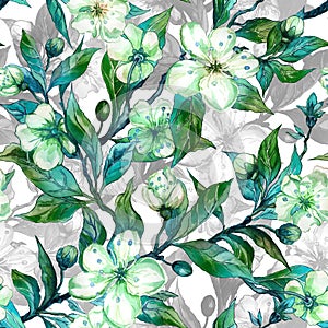 Beautiful fruit tree twigs in bloom. White and green flowers with outlines on white background. Seamless spring floral pattern. photo