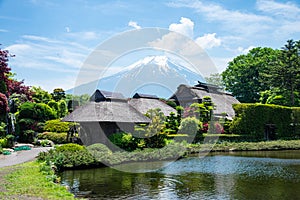 Beautiful Fuji mountain with cloud and blue sky  in the summer at Oshino Hakkai the old Japanese village in Japan