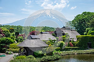 Beautiful Fuji mountain with cloud and blue sky  in the summer at Oshino Hakkai the old Japanese village in Japan