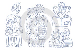 Beautiful full body and waist-up portraits of grandparents with granddaughter and grandson hand drawn with contour lines