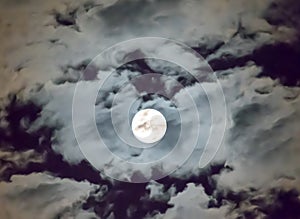 Beautiful full moon and white cloudy sky background in the midnight sky background, moonlight on Halloween night without stars.