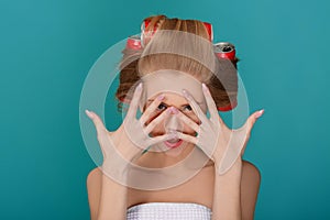 Funny blond woman over blue background