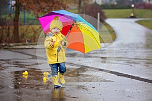 Beautiful funny blonde toddler boy with rubber ducks and colorful umbrella, jumping in puddles and playing in the rain