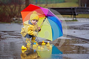 Beautiful funny blonde toddler boy with rubber ducks and colorful umbrella, jumping in puddles and playing in the rain