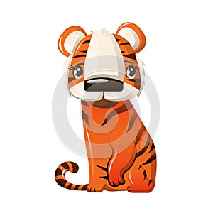 Beautiful funny cartoon character of striped tiger sitting on paws. photo