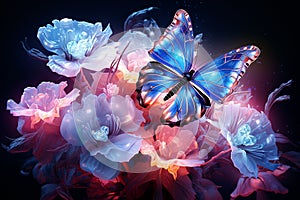 Beautiful Fusion of Glowing Floral Flowers and Blue Butterfly on Dark Background