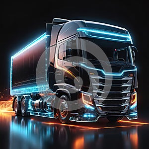 Beautiful futuristic abstract truck design with neon lighting on a dark background, illustration for design and advertising