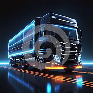 Beautiful futuristic abstract truck design with neon lighting on a dark background, illustration for design and advertising