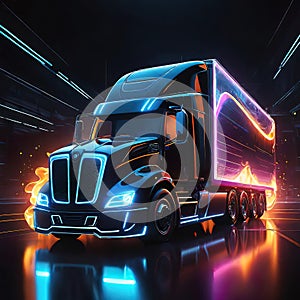 Beautiful futuristic abstract truck design with neon lighting on a dark background, illustration for design and advertising