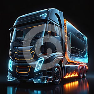 Beautiful futuristic abstract truck design with neon lighting on a dark background, illustration for design and advertising