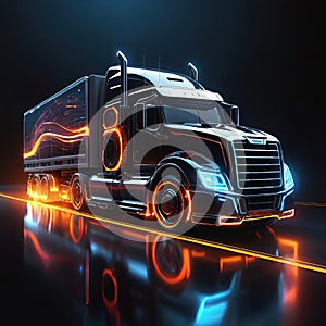 Beautiful futuristic abstract truck design with neon lighting on a dark background, illustration for design and advertising