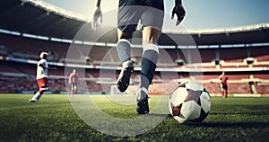 The Beautiful Game - Football player kicks the ball or dribbling with feints on the field or green grass lawn on the background of