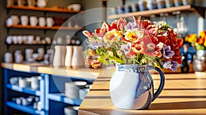 Beautiful garden bouquet on background of various ceramic cups and dishes for display at small sustainable art shop