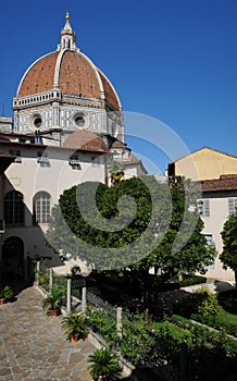 A beautiful Garden in the centre of Florence with the Dome of Cathedral Santa Maria del Fiore.