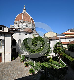 A beautiful Garden in the centre of Florence with the Dome of Cathedral Santa Maria del Fiore.