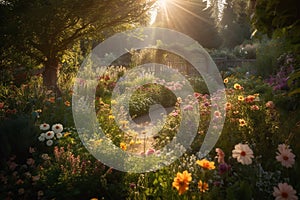 Beautiful garden full of flowers. Sun is shining down on flowers, casting golden light across the garden