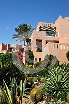 Beautiful garden at hotel resort and building in traditional arabic style. Resort architecture in Egypt