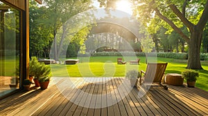 Beautiful garden with seating and lush greenery, captured from the perspective of wood large patio area