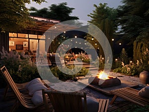 A beautiful garden with wooden loungers and a bonfire in the middle photo