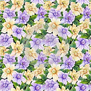 Beautiful gardenia flowers with leaves in seamless floral pattern. Bright botanical background. Watercolor painting. Hand drawn