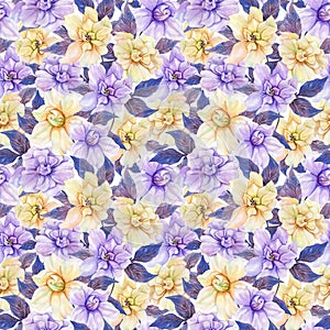 Beautiful gardenia flowers with leaves in seamless floral pattern. Pastel colored botanical background. Watercolor painting.