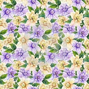 Beautiful gardenia flowers with leaves in seamless floral pattern. Pastel colored botanical background. Watercolor painting.