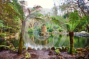 Beautiful Gardens in the Pena Palace Sintra, Lisbon, Portugal. Famous landmark. Most beautiful castles in Europe