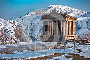 Beautiful Garni temple in Armenia, in winter