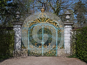 Beautiful gate  in Castle Gardens, Schloss Schwetzingen Palace, Schwetzingen, Baden-Wurttemberg, Germany, Europe