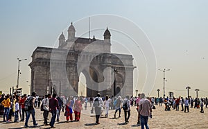 Beautiful Gateway of India near Taj Palace hotel on the Mumbai harbour with many jetties on Arabian sea