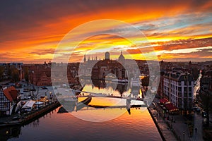 Beautiful Gdansk city over the Motlawa river at sunset. Poland