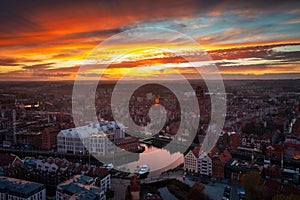 Beautiful Gdansk city over the Motlawa river at sunset. Poland