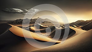 Beautiful Generative AI illustration epic landscape of expansive desert with rolling sand dunes during golden hour sunrise