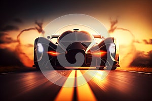 Beautiful generic and unbranded modern sport car in the sunset, front view, generative ai illustration