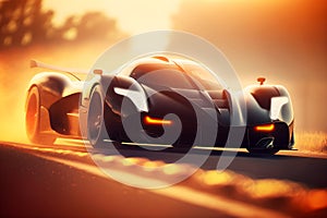 Beautiful generic and unbranded modern sport car in the sunset, generative ai illustration