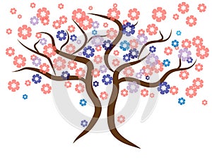 Beautiful gentle orange tree. Brown branches with blue, violet, orange and pink flowers