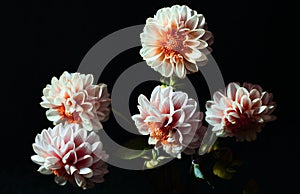 Beautiful georgeina flowers on dark moody black background