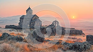 Beautiful Georgia old church, fantastic landscape with mountains