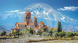 Beautiful Georgia old church, fantastic landscape with mountains