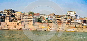 Beautiful ghat on the banks of Ganga  / Ganges  river in Varanasi, India