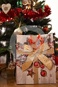 Beautiful gift bag and Christmas tree background