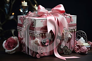 A beautiful gift box adorned with a pink ribbon and accompanied by a candle, ideal for gifting on various occ