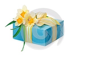 Beautiful gift box with a bunch of daffodils