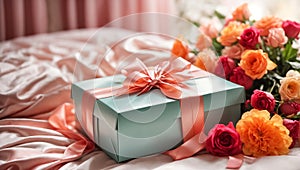 Beautiful gift box, flowers the bedroom