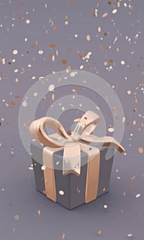 Beautiful gift box with golden bow and ribbons on grey background, falling confetti. 3D illustration. Vertical poster